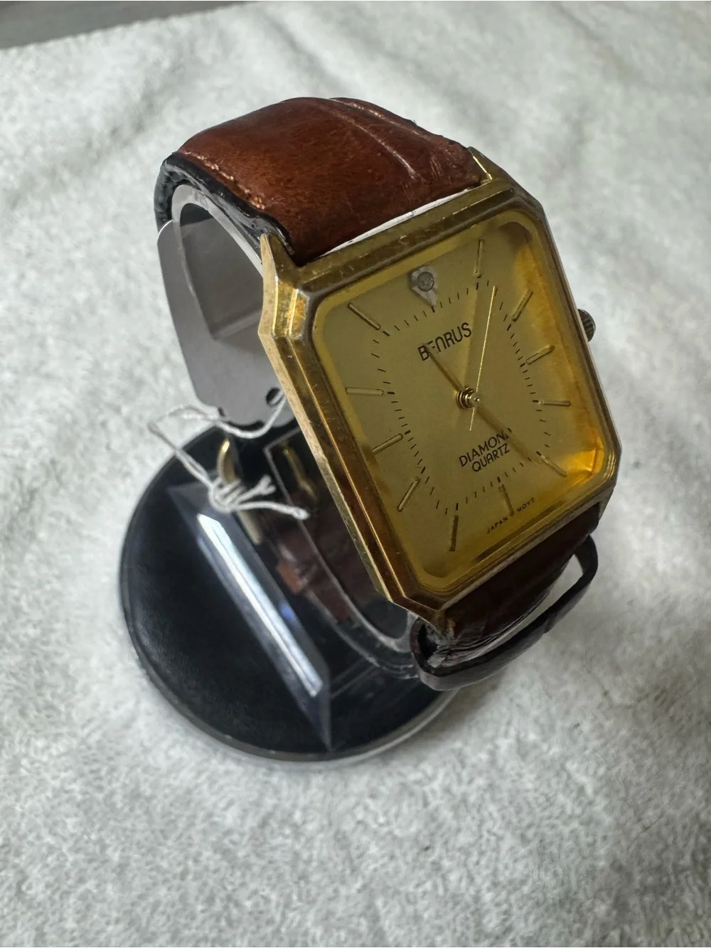 Benrus Gold-Tone Diamond Accent Quartz Watch with Brown Leather Strap